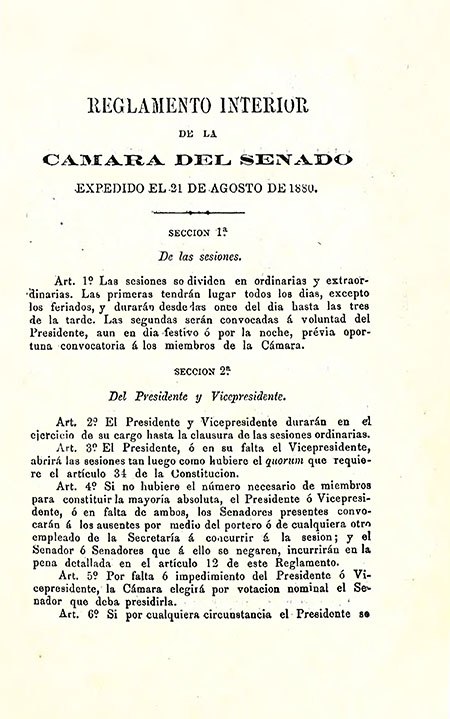 Reglamento interior de la Cámara del Senado expedido el 31 de Agosto de 1880